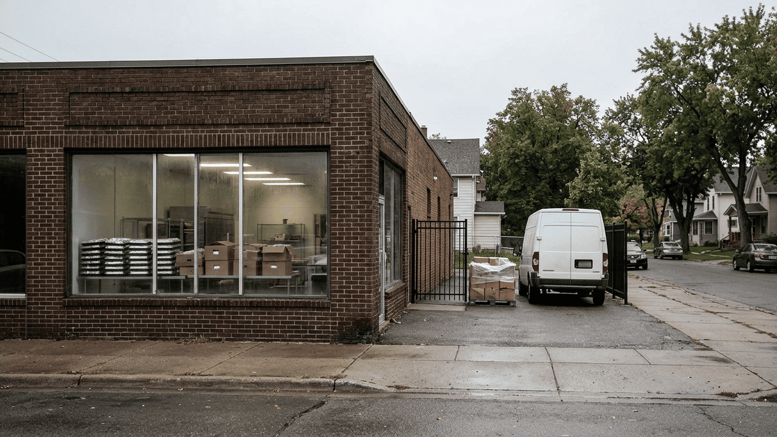 A Minneapolis restaurant exterior beside a small area used for meal pickup.