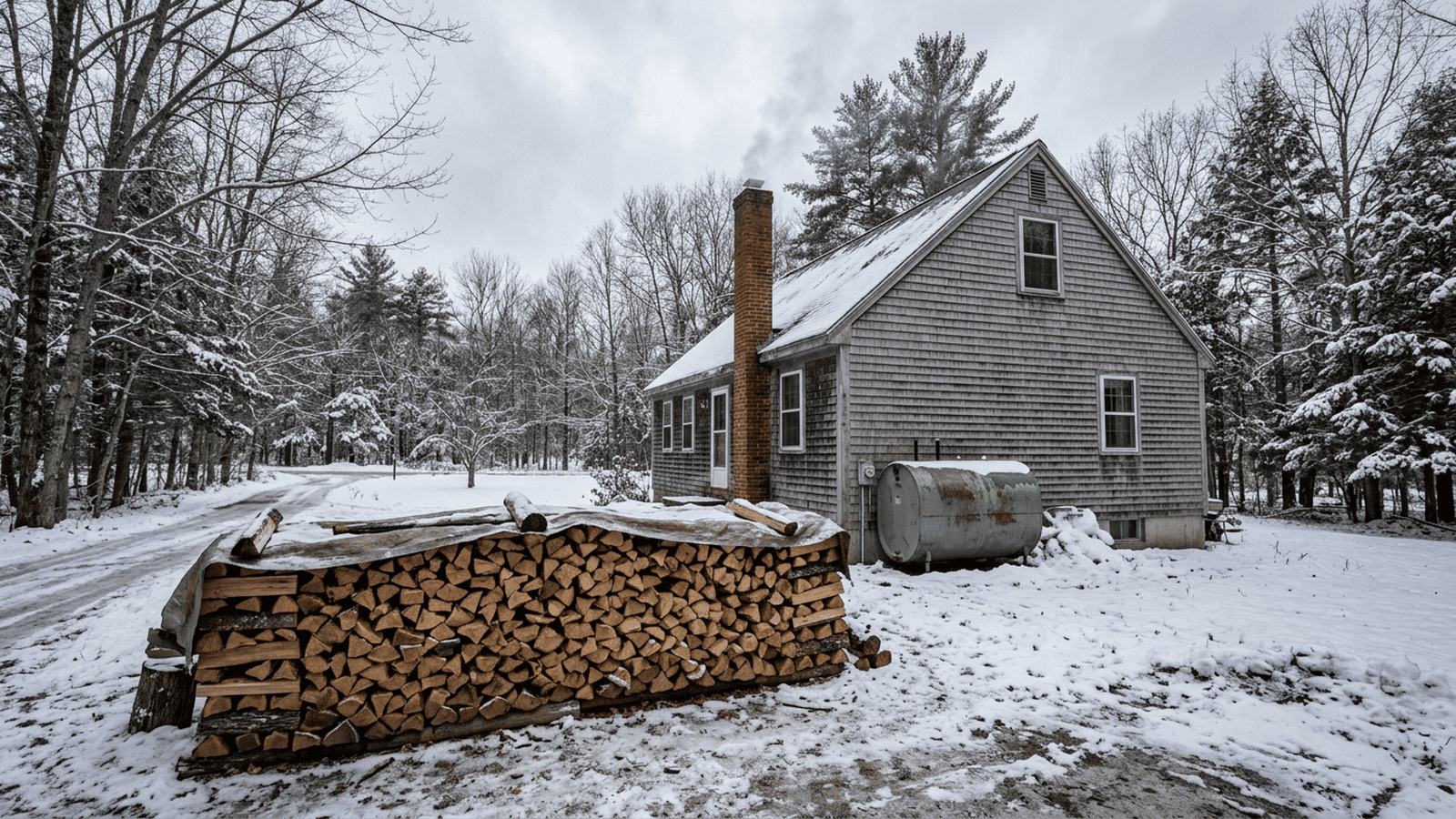 543e3c6f78f5f844ed9588e0bdd3d383d3bf6e5fba8aa734e19a3b761d023f64 A stack of firewood sits beside a Maine home with a heating oil tank nearby.