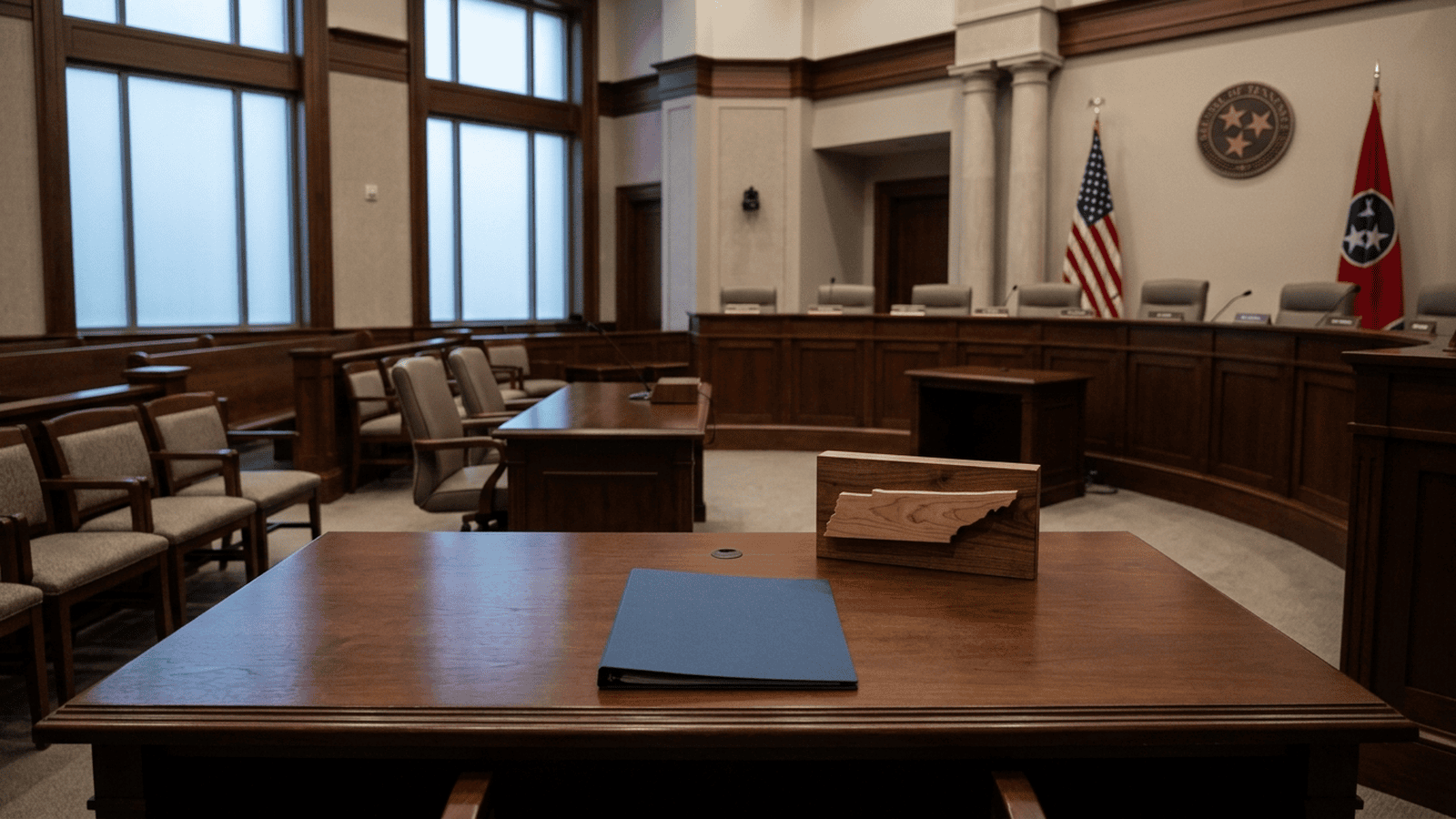 An empty hearing room with a closed folder and a map display representing Tennessee.