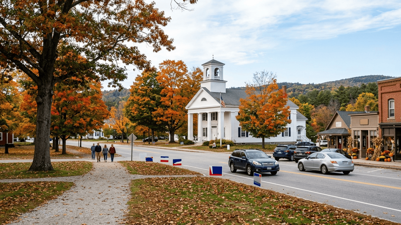 A New Hampshire town center in autumn during the final weeks of a Senate campaign.