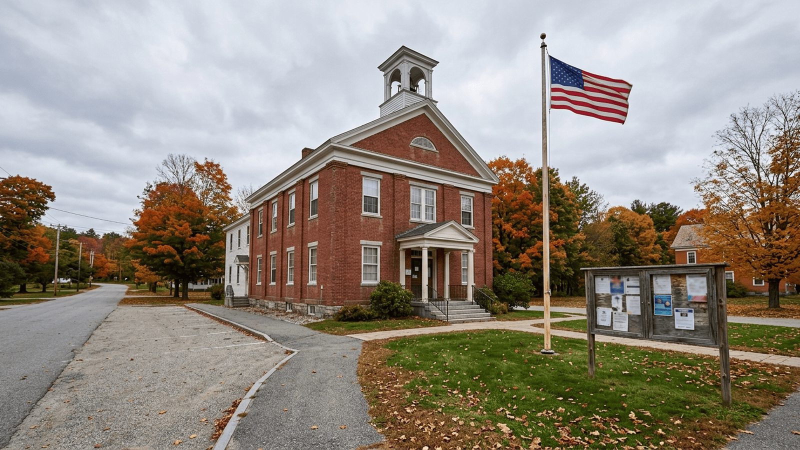 A New Hampshire town hall with a U.S. flag on an overcast autumn day.