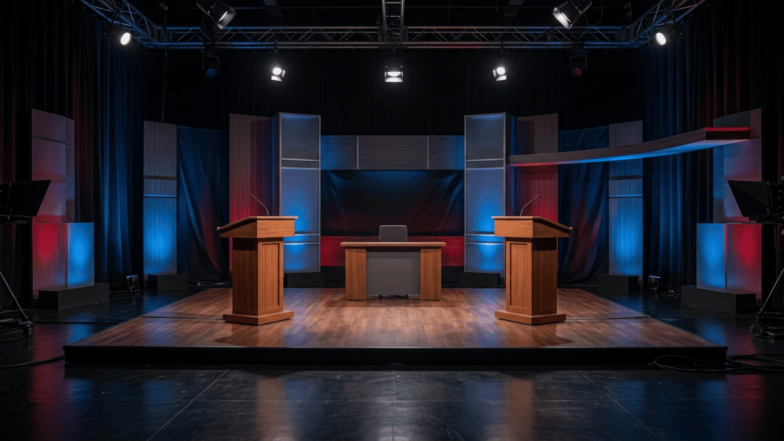 Two empty lecterns stand across from one another on a brightly lit debate stage.