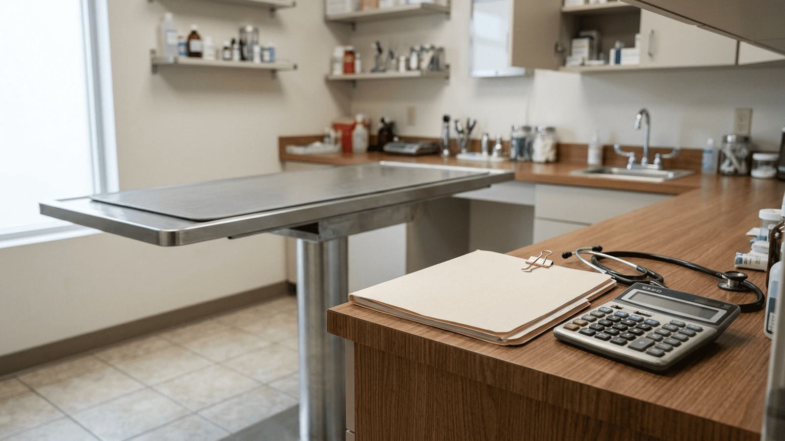A veterinary exam room counter holds a stethoscope, calculator and closed insurance folder.