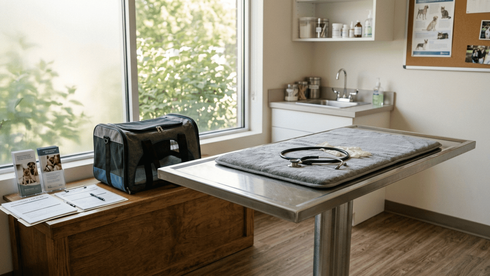 An empty veterinary exam room with a pet carrier, medical tools and paperwork on a counter.