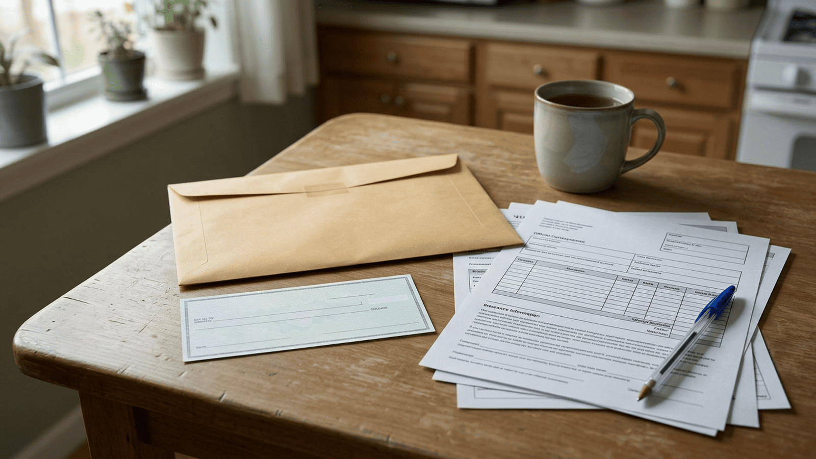 A blank check and health insurance papers sit beside an envelope on a kitchen table.