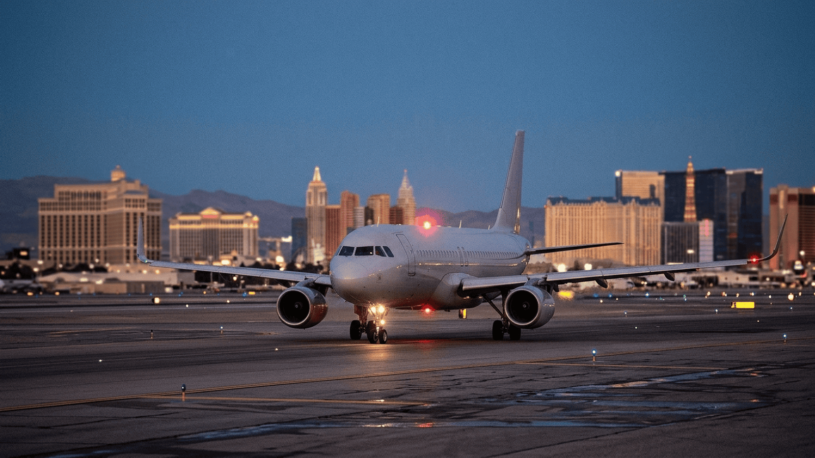 6895e7f0f5cc81048035631c2dc861e913d32a57559967f5433f4d9c5fbe46f7 A passenger aircraft taxis at dusk near an airport after a reported safety incident.