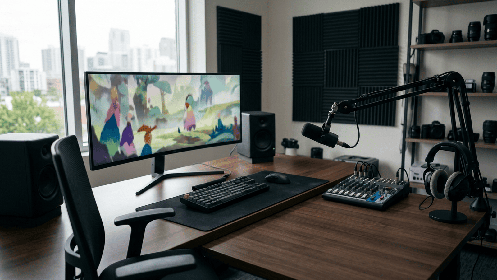 A computer workstation displays a generic animated scene in a small video production workspace.