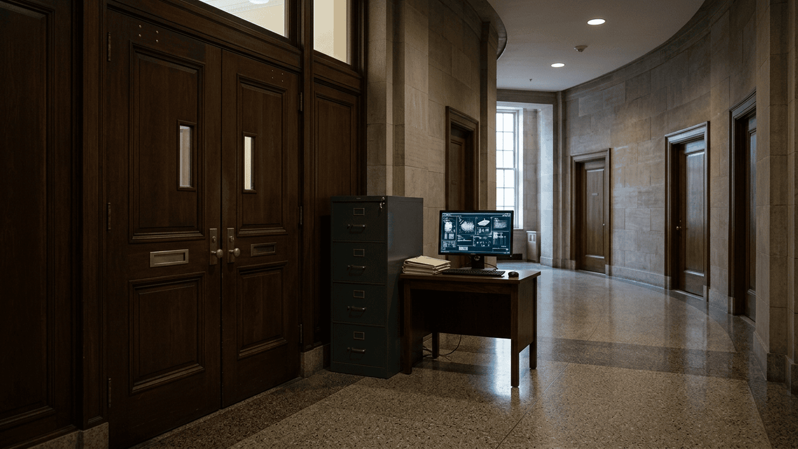 A federal courthouse corridor with a secure file cabinet and an abstract case-management screen.