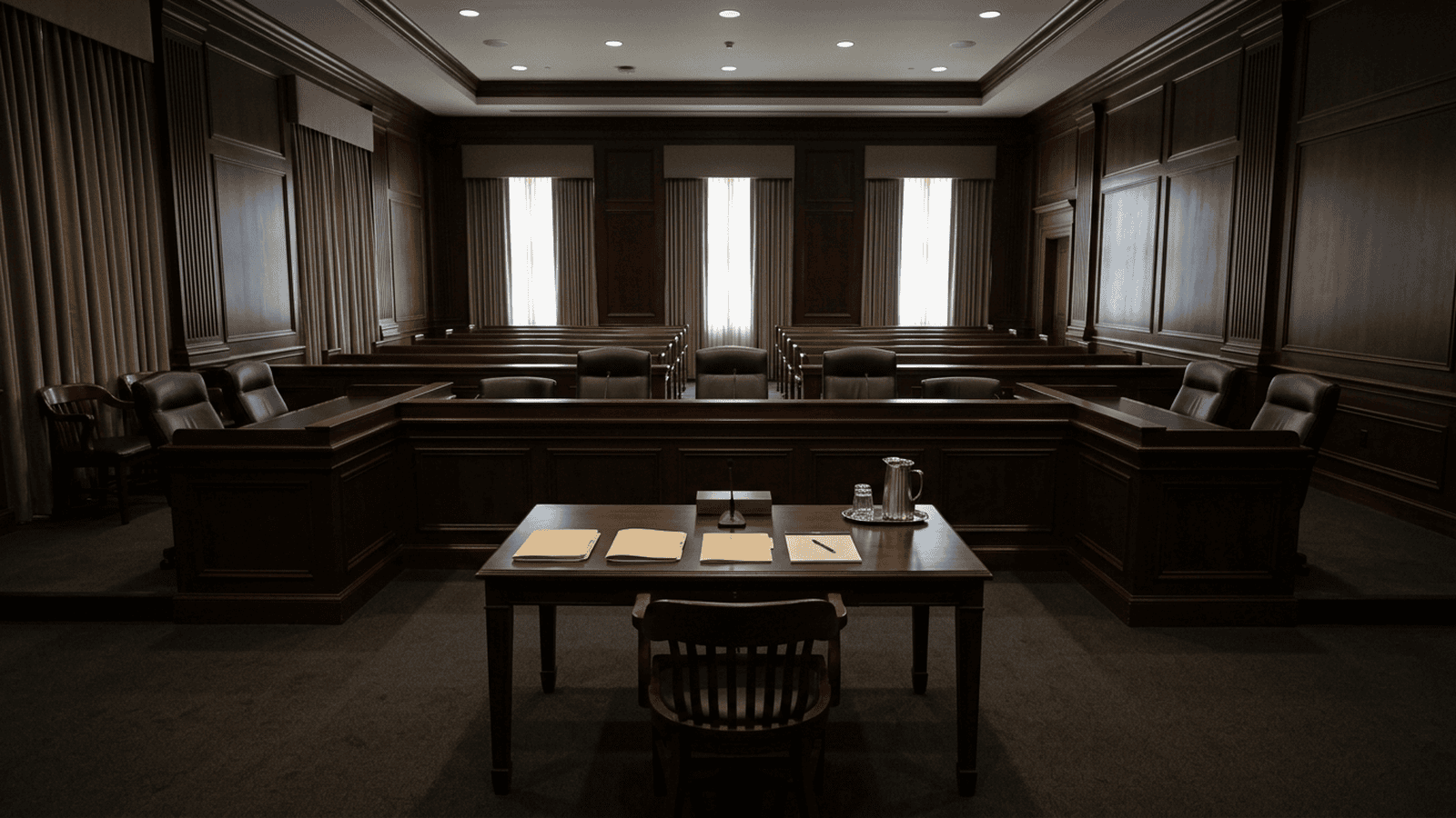 6c9d39d3b0a3d3afe9ece32cd13ede849871baf28c1e8559068333c308522300 An empty government hearing room with folders arranged on a table.