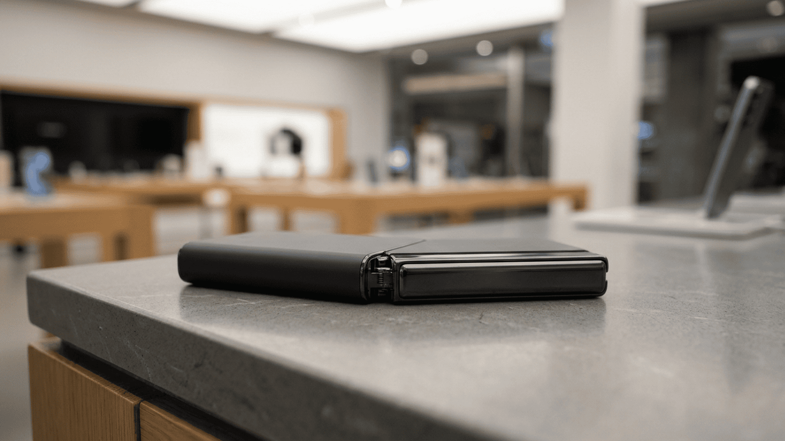 6f1779f1ef4a79ec54c0148ac4abb17d1d8e6882233f85b62ab5485798558af0 A dark foldable smartphone rests on a retail counter with its hinge and folding screen visible.