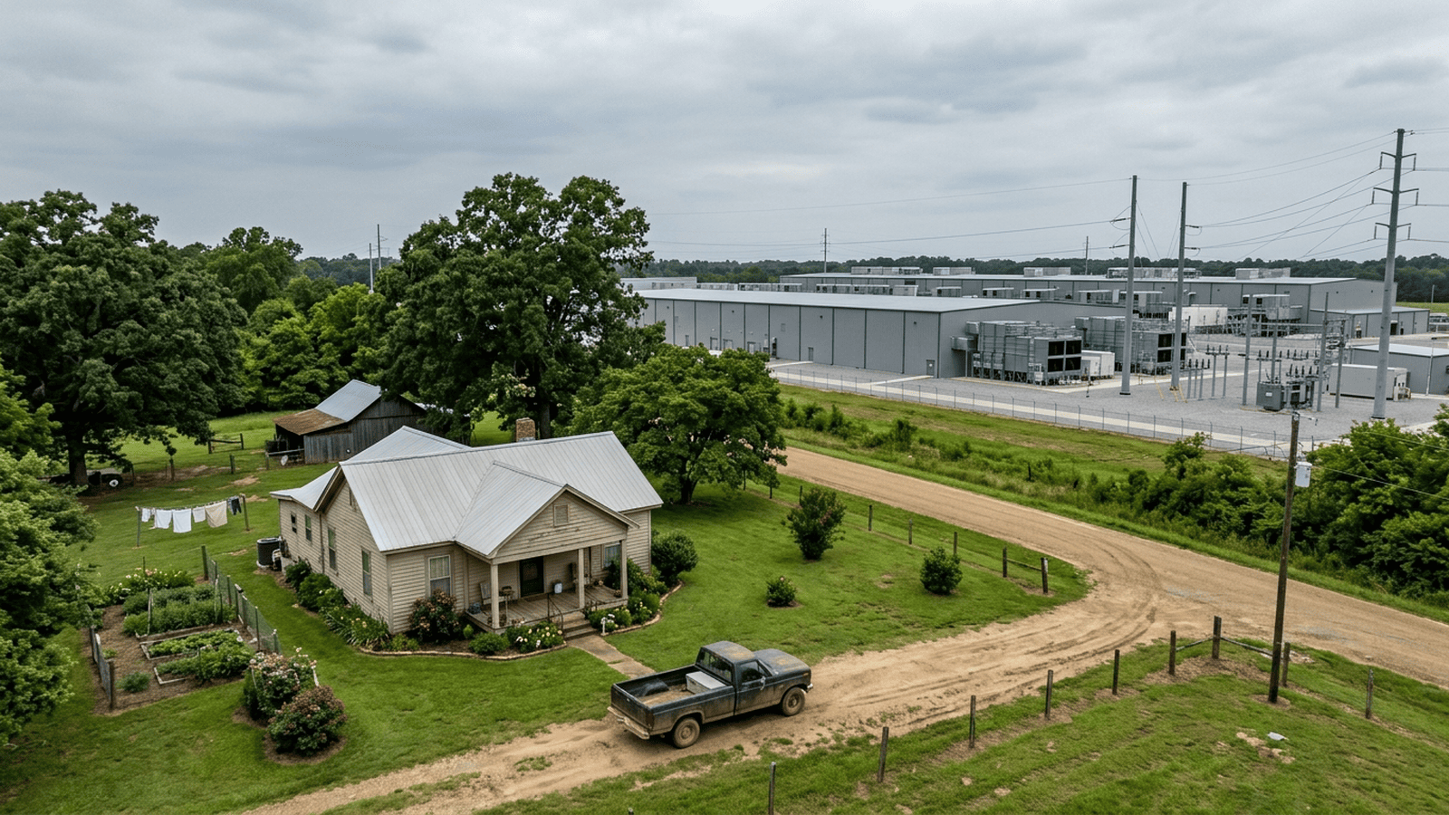 A family property and garden sit across a road from an industrial power plant in Southaven, Mississippi.