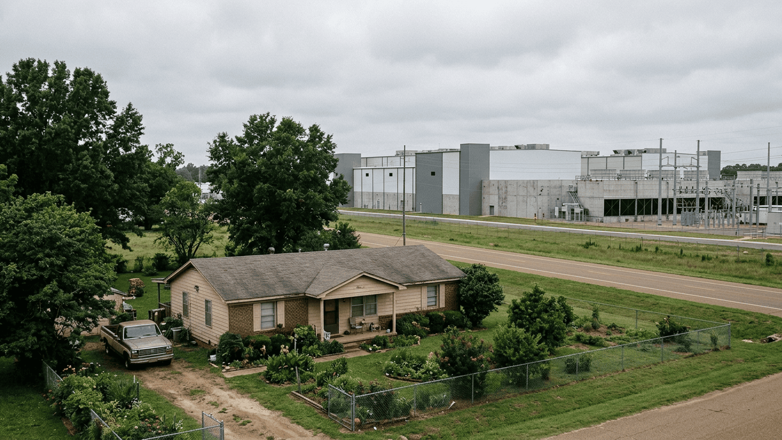 A family property and garden sit across the road from an industrial power plant near Southaven, Mississippi.