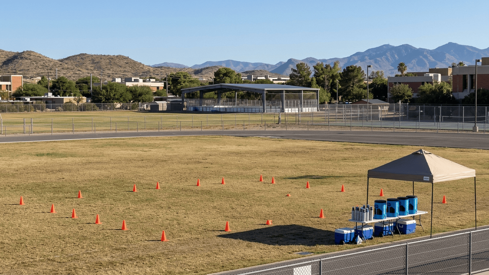 71fa4e0be2f1fac7ef8eb0bdbaaceaaec339b57344ff79e839ad99ab79bda7df An empty outdoor athletic field with training cones and a water station under bright sunlight.
