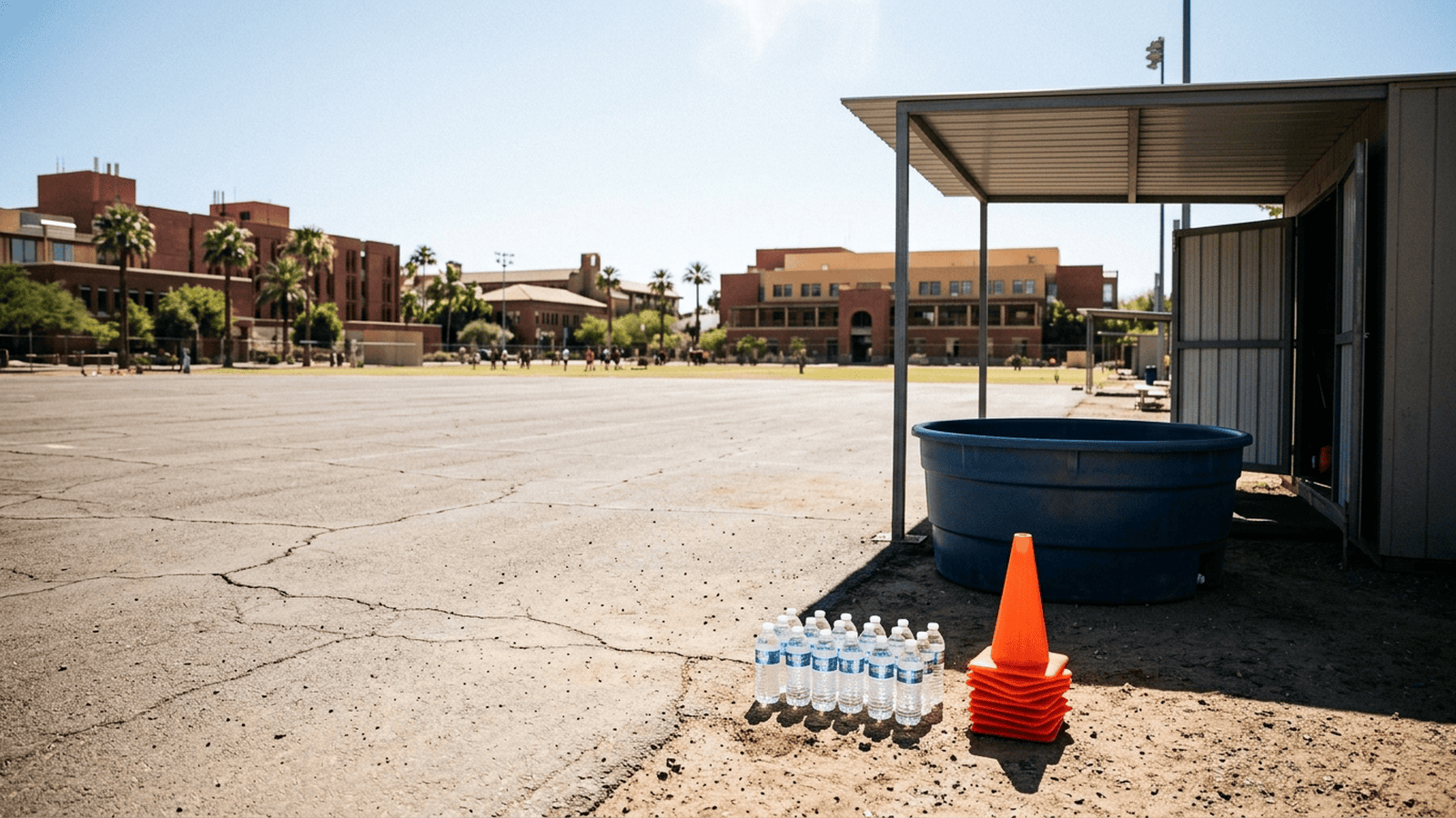 An empty outdoor training field shows water bottles and a cold-water immersion tub beside exercise cones.