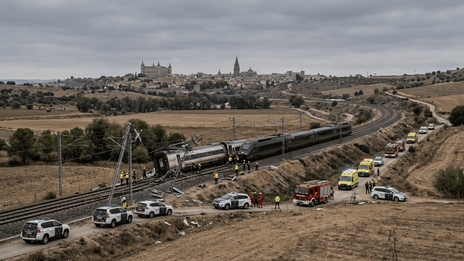 726f4192a543e00c454b0f581d4b487004fc54143f684fd90c17b7ee0736f9fb Two passenger trains and emergency vehicles are visible on a rail line in central Spain.