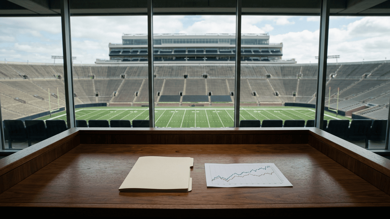 A legal brief and an unmarked market chart sit before a view of an empty football stadium.