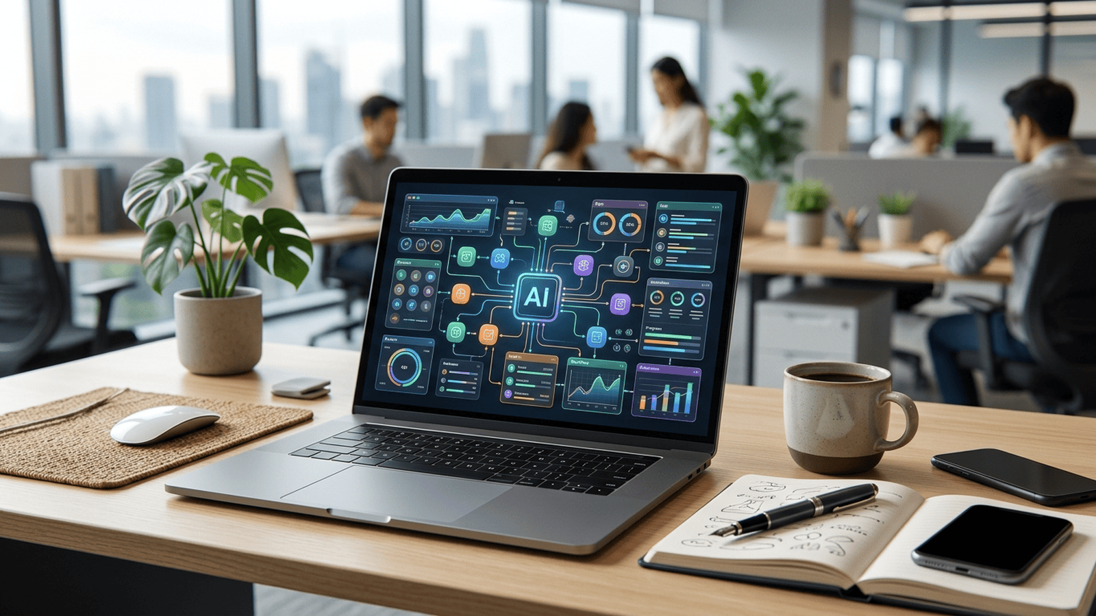 781cc61218895ba511add953d5f2883c8ba4d8a882bb547b0c75bdd76a4763b6 A laptop on an office desk displays abstract connected app windows representing an AI workplace assistant.