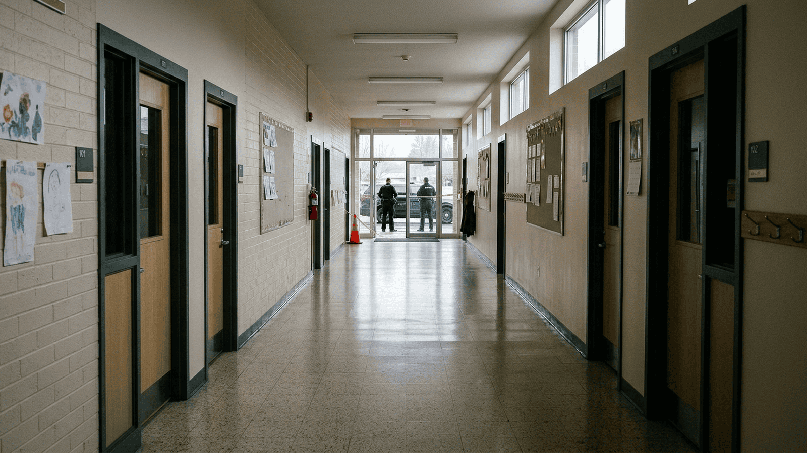 An empty elementary school corridor with closed classroom doors and officers visible near the entrance.