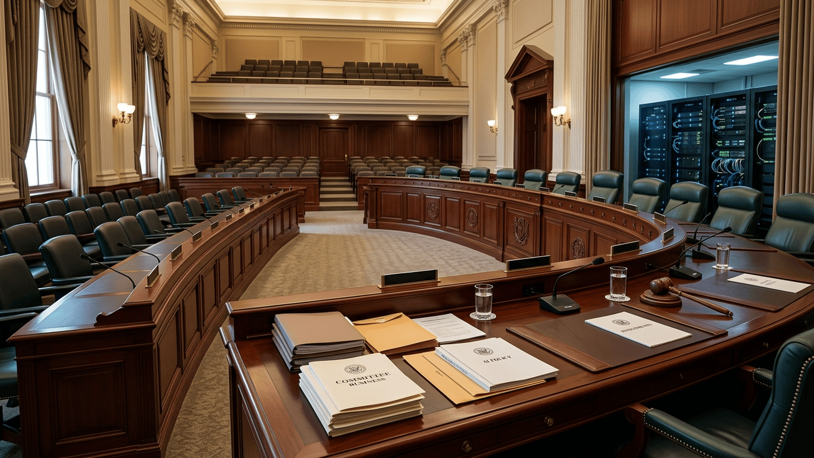An empty congressional hearing room with financial disclosure papers on a desk and a server-room glow in the background.