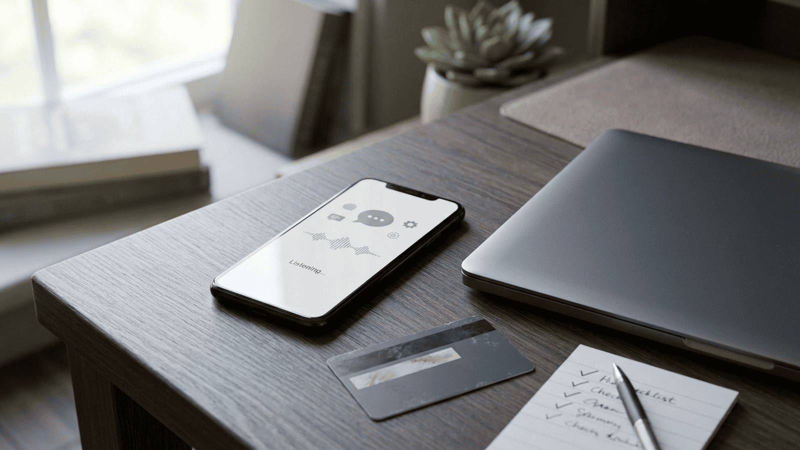 A smartphone with a generic AI assistant interface sits beside a face-down bank card and a paper checklist on a home desk.