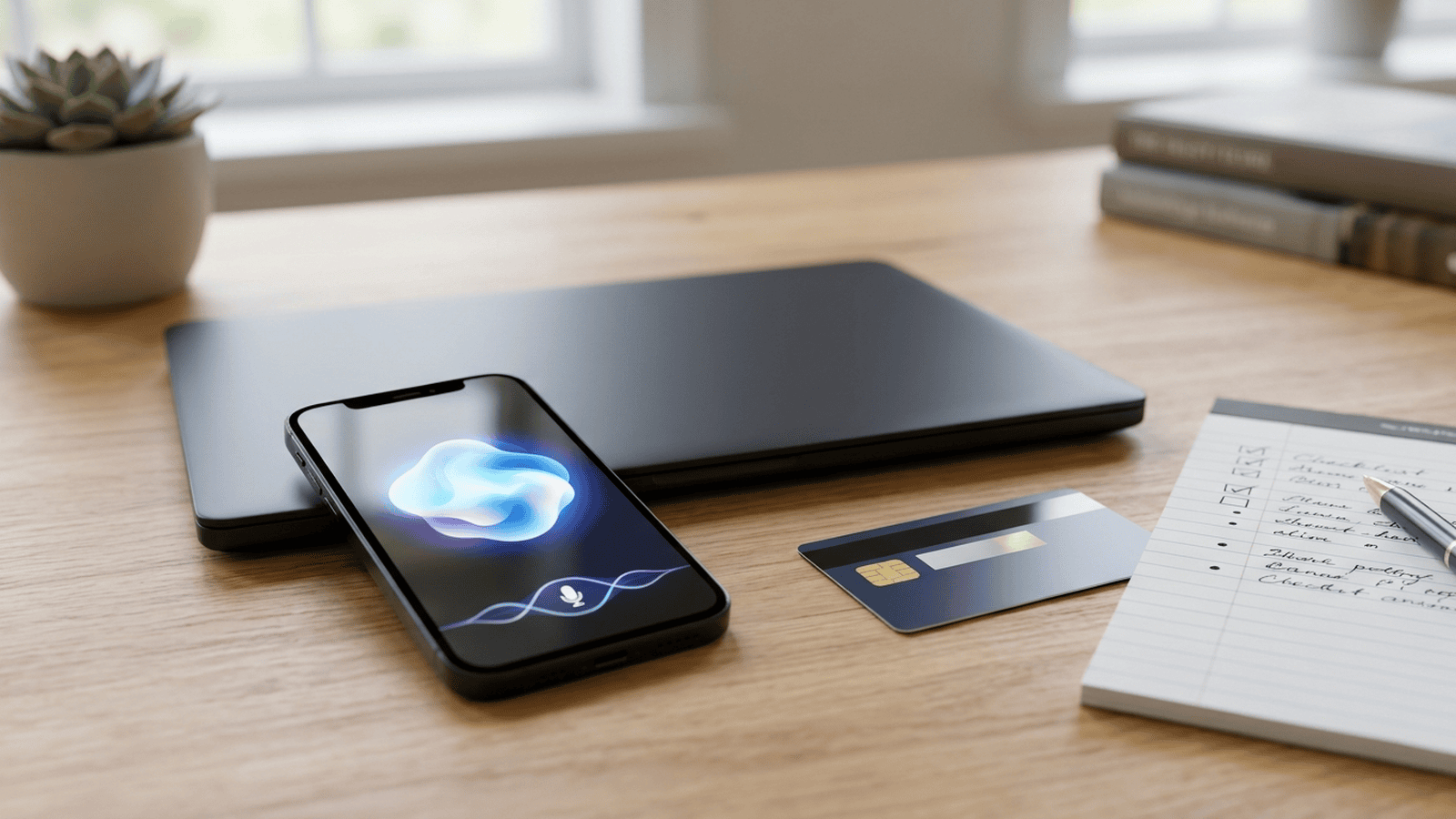 A smartphone with an abstract assistant interface sits beside a credit card and checklist on a desk.