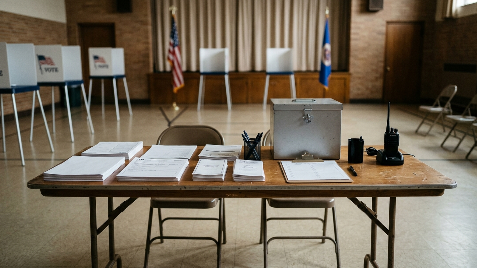 An empty polling place check-in table with blank paperwork, a ballot box, and an election-worker radio.