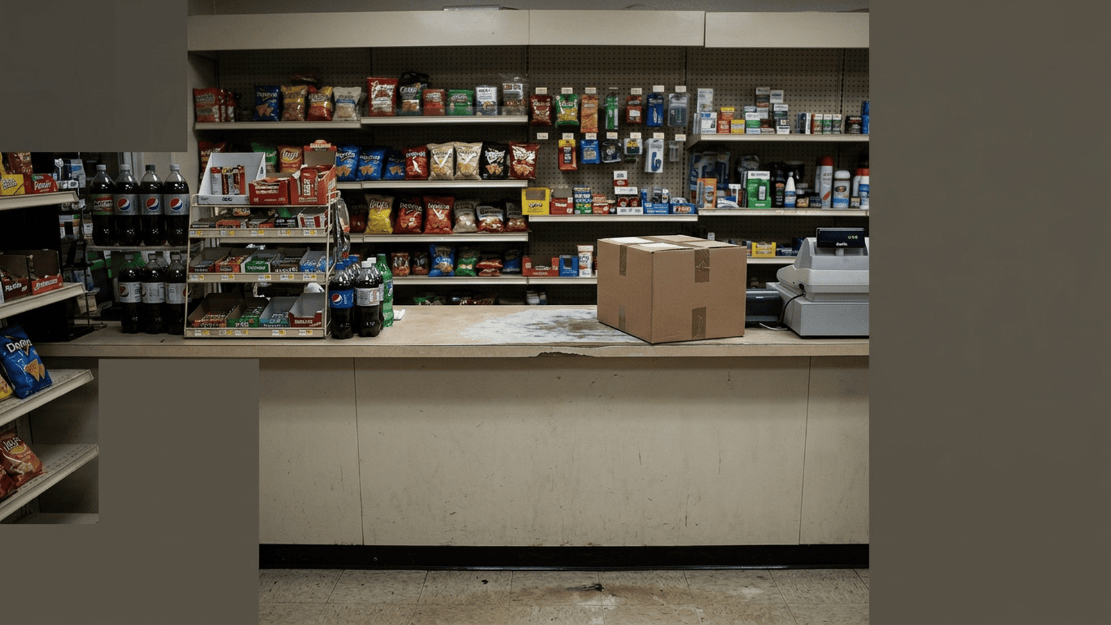 A closed evidence box sits on the counter of an unmarked convenience store.