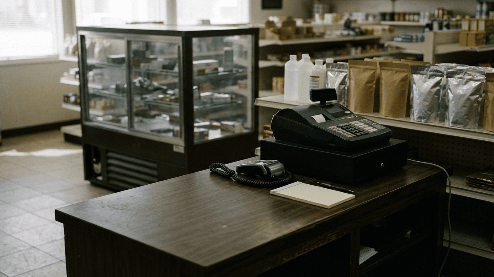 An empty convenience store counter with an unmarked product display in the background.