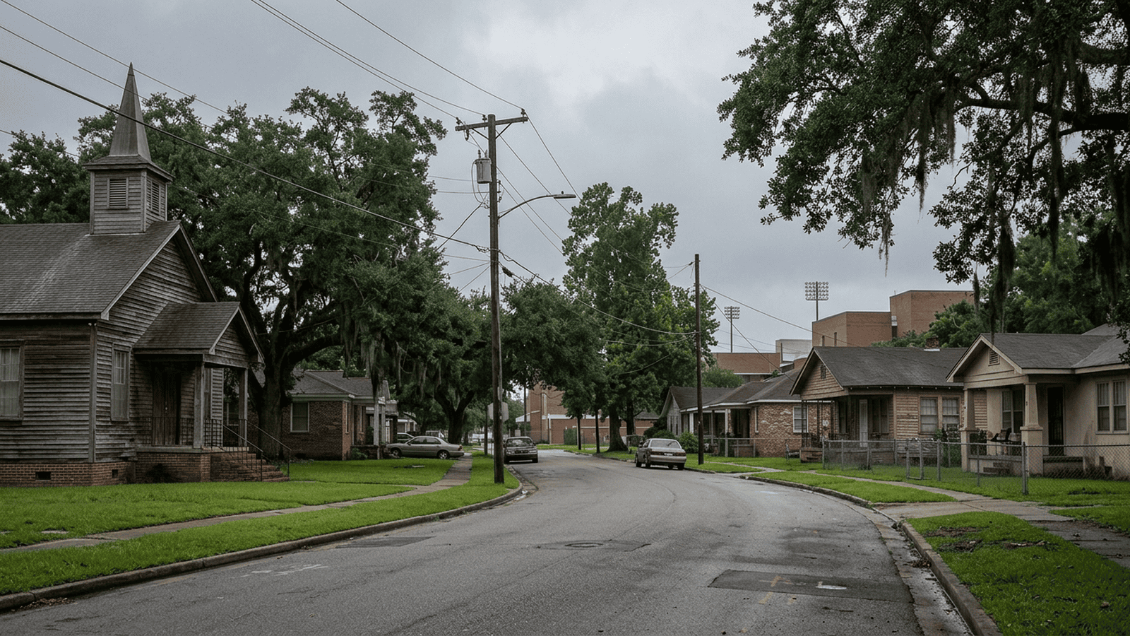 A quiet neighborhood street in Scotlandville near Southern University.