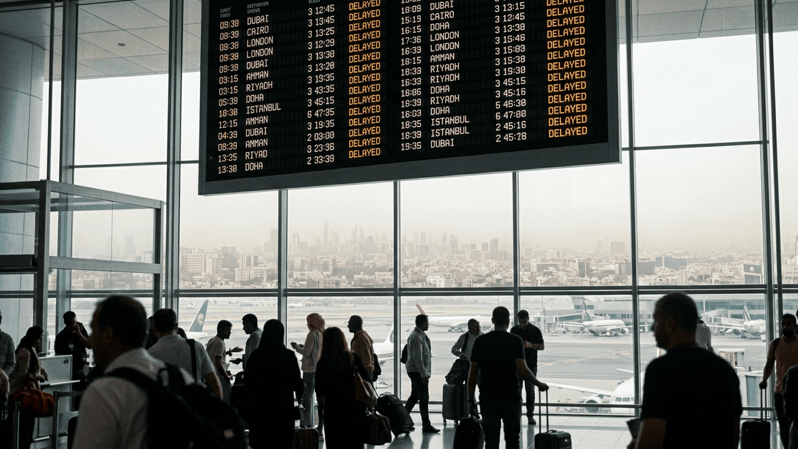 An airport terminal overlooks a hazy city as travelers face possible flight disruptions.