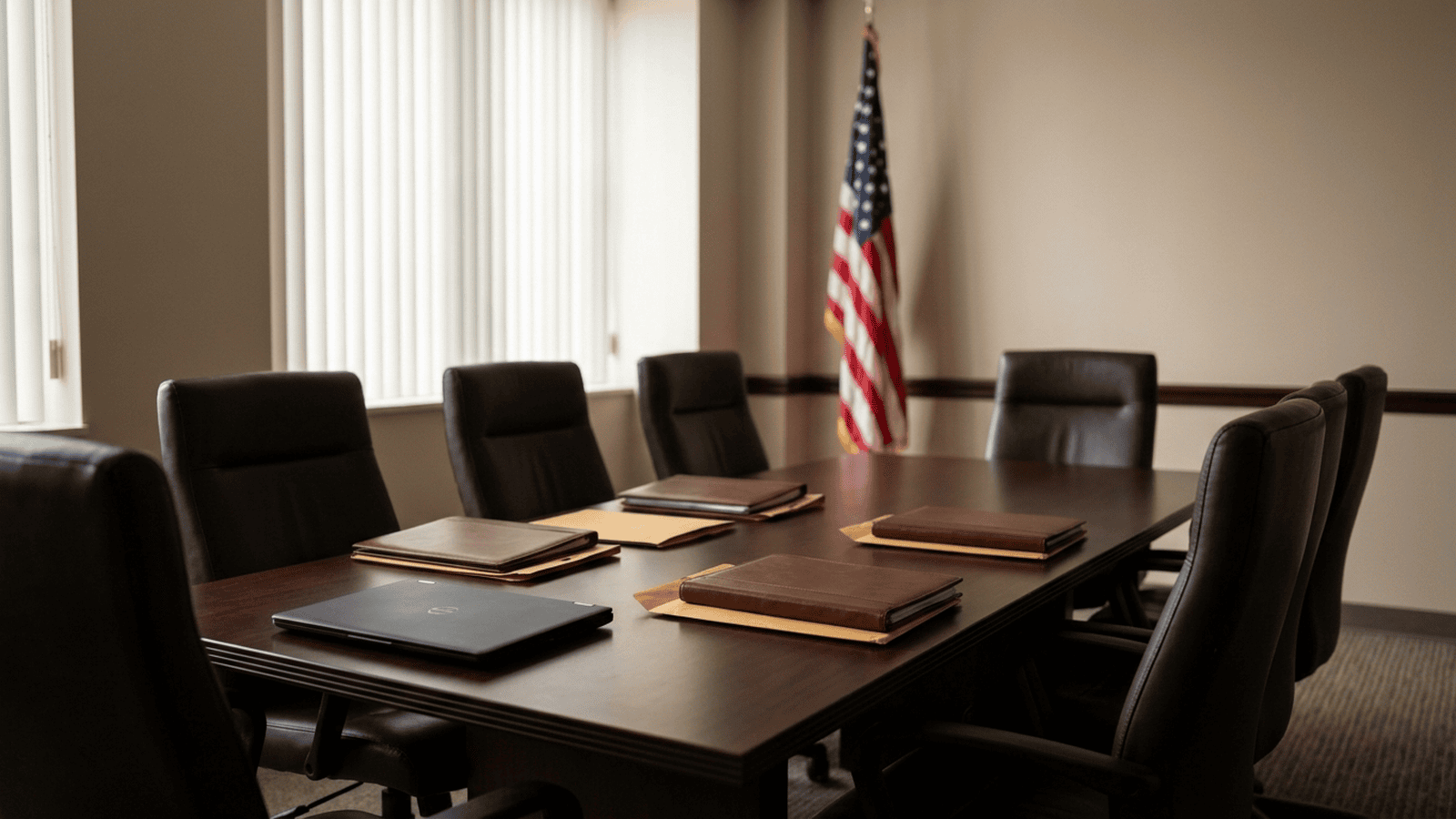 8351df51e9e761bf419ac506f32e6126c25d9f8615790242109c8d49b26f8625 An empty law enforcement meeting room with a conference table, chairs, folders and a U.S. flag.