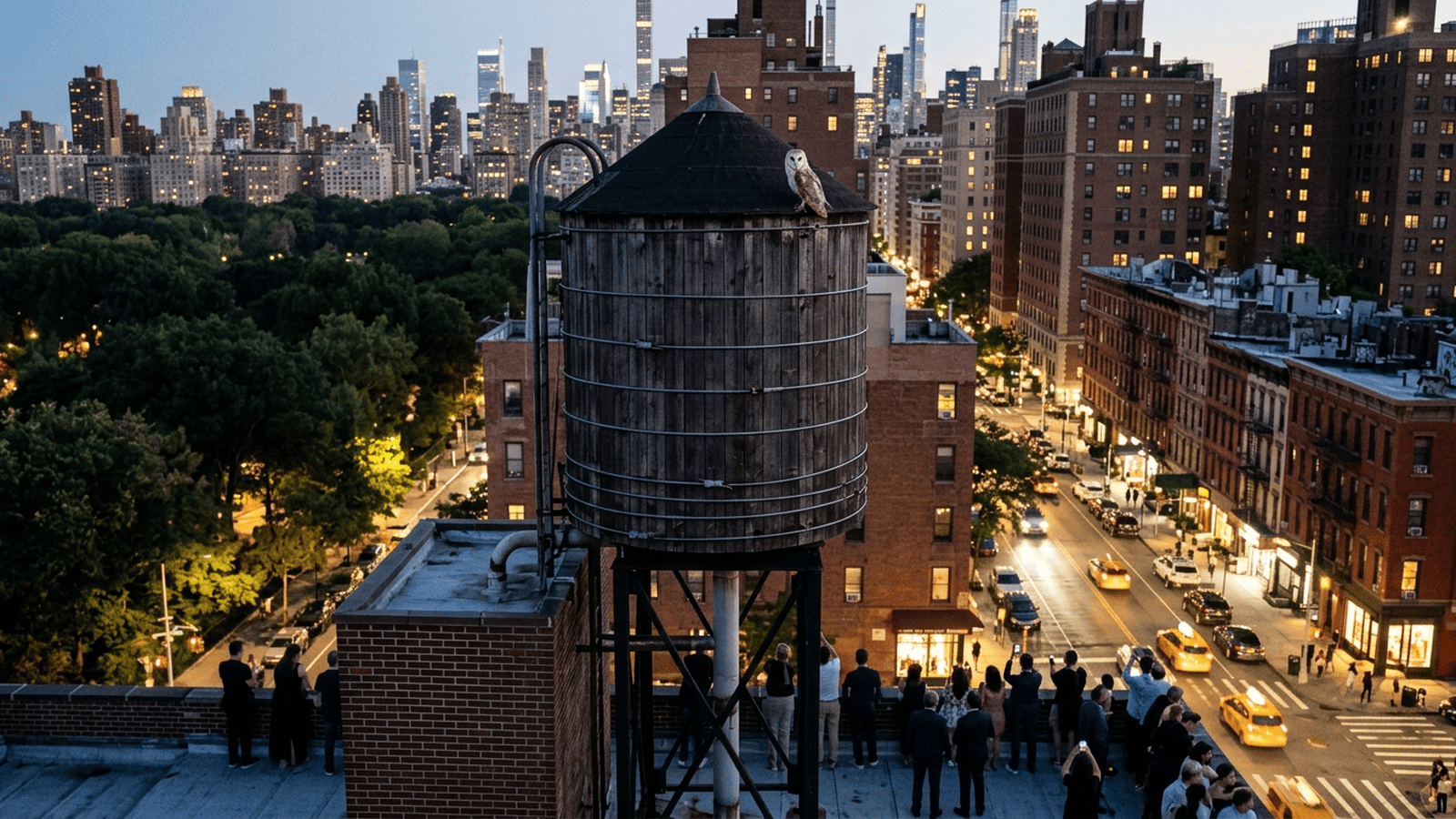 A barn owl perches on a rooftop water tower above a Manhattan street at dusk.