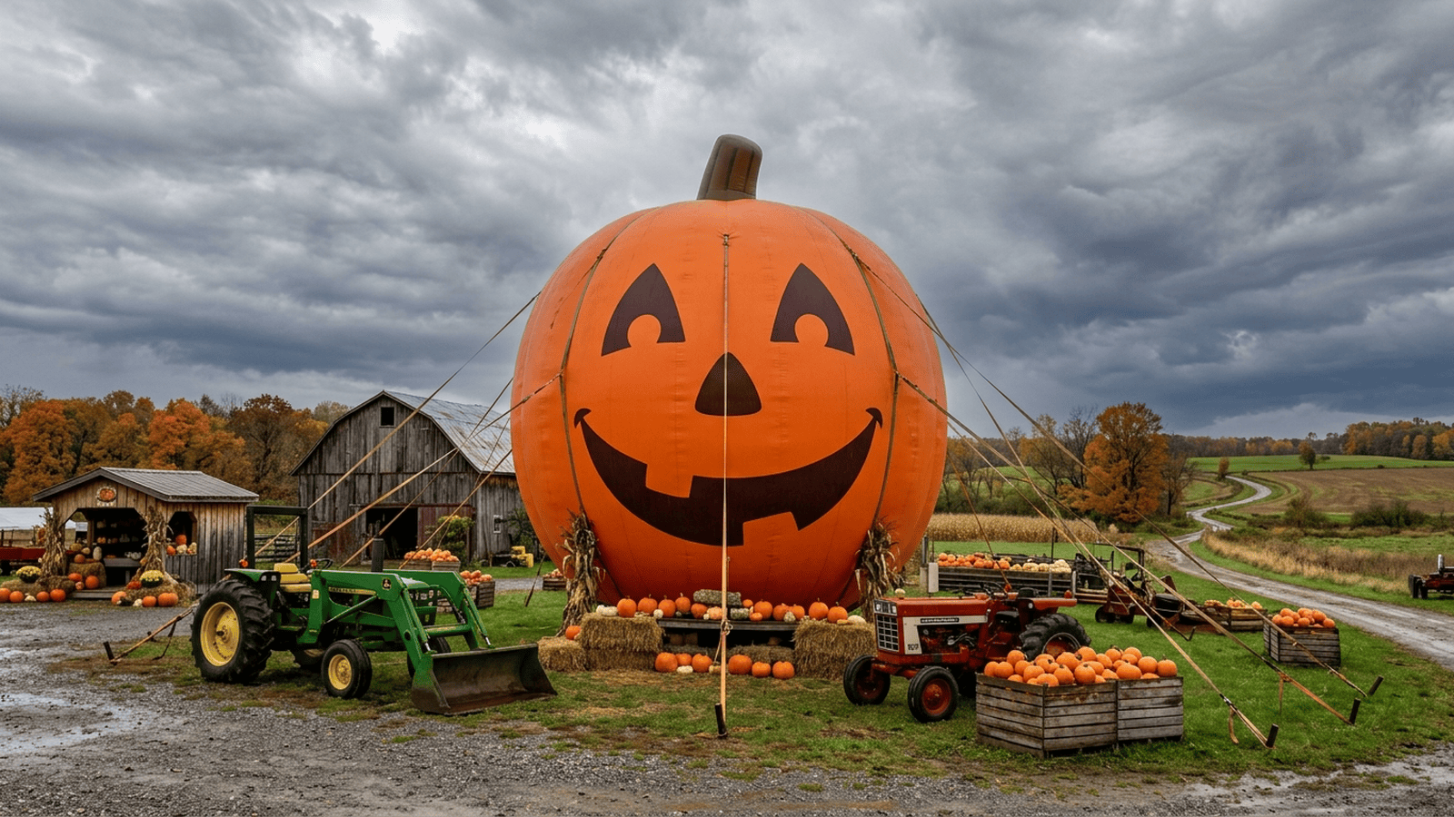 A large inflatable jack-o’-lantern is secured with ropes near two tractors at a farm.