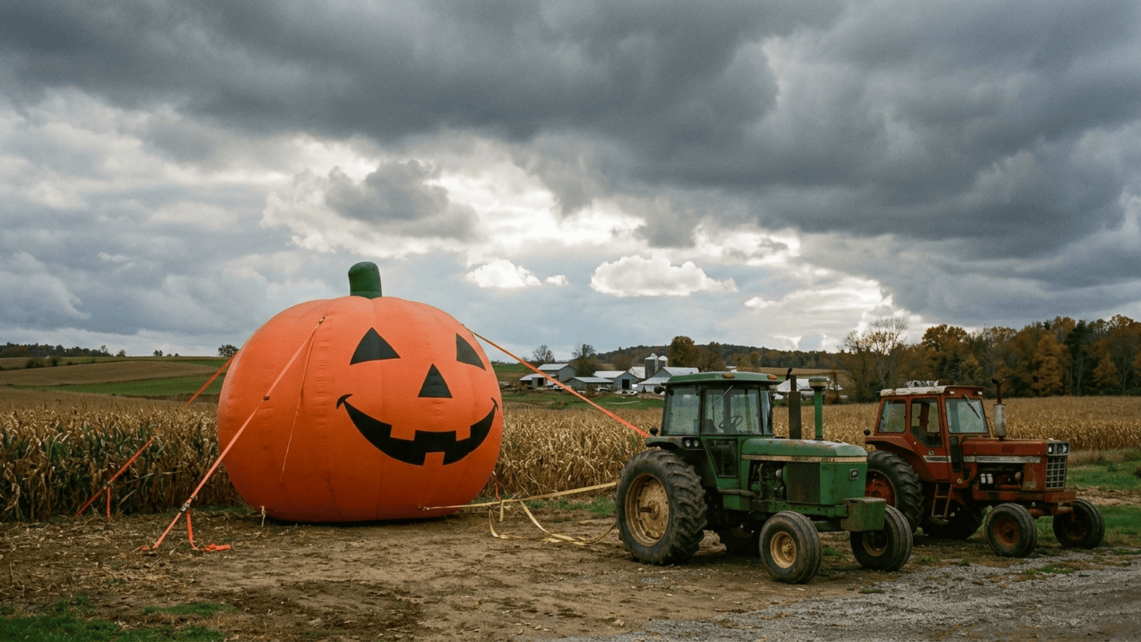 A large inflatable pumpkin is tied down near two tractors at a farm.