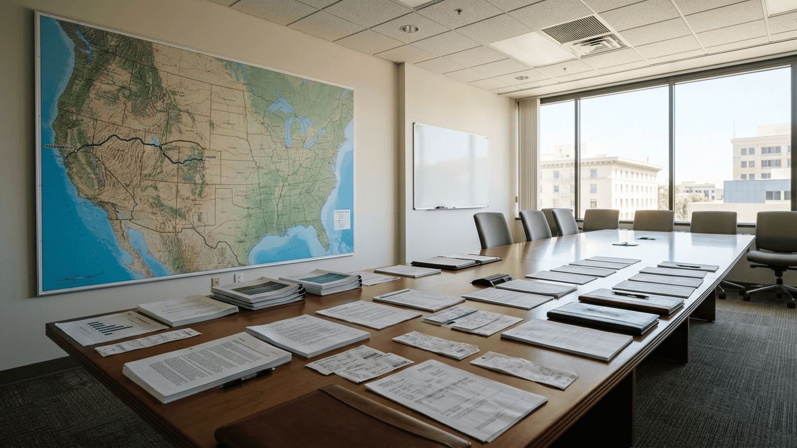 A government conference room table holds contract papers and travel receipts beside a map connecting Sacramento and Denver.