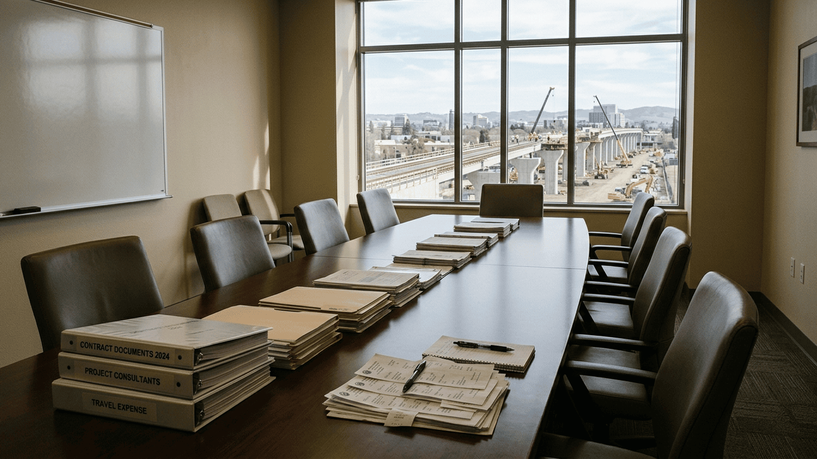 A government conference room with contract folders and travel receipts arranged on a table.