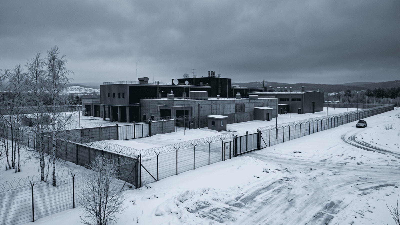 A secured research laboratory stands beneath an overcast sky in a snowy Siberian setting.