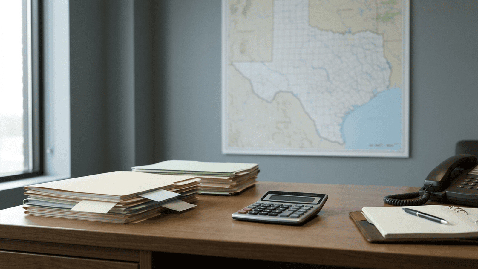 Campaign finance folders and a calculator sit beside an unmarked map of Texas.