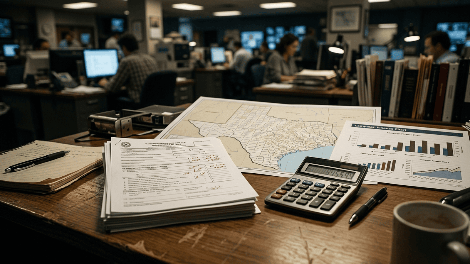 Election finance papers and a calculator sit beside a map of Texas.