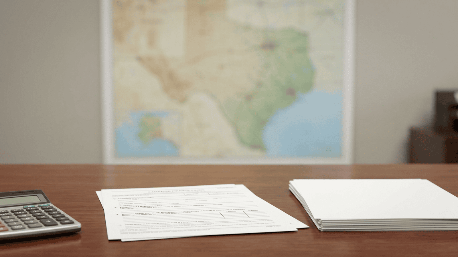 A campaign finance filing and calculator sit beside a blurred map of Texas.