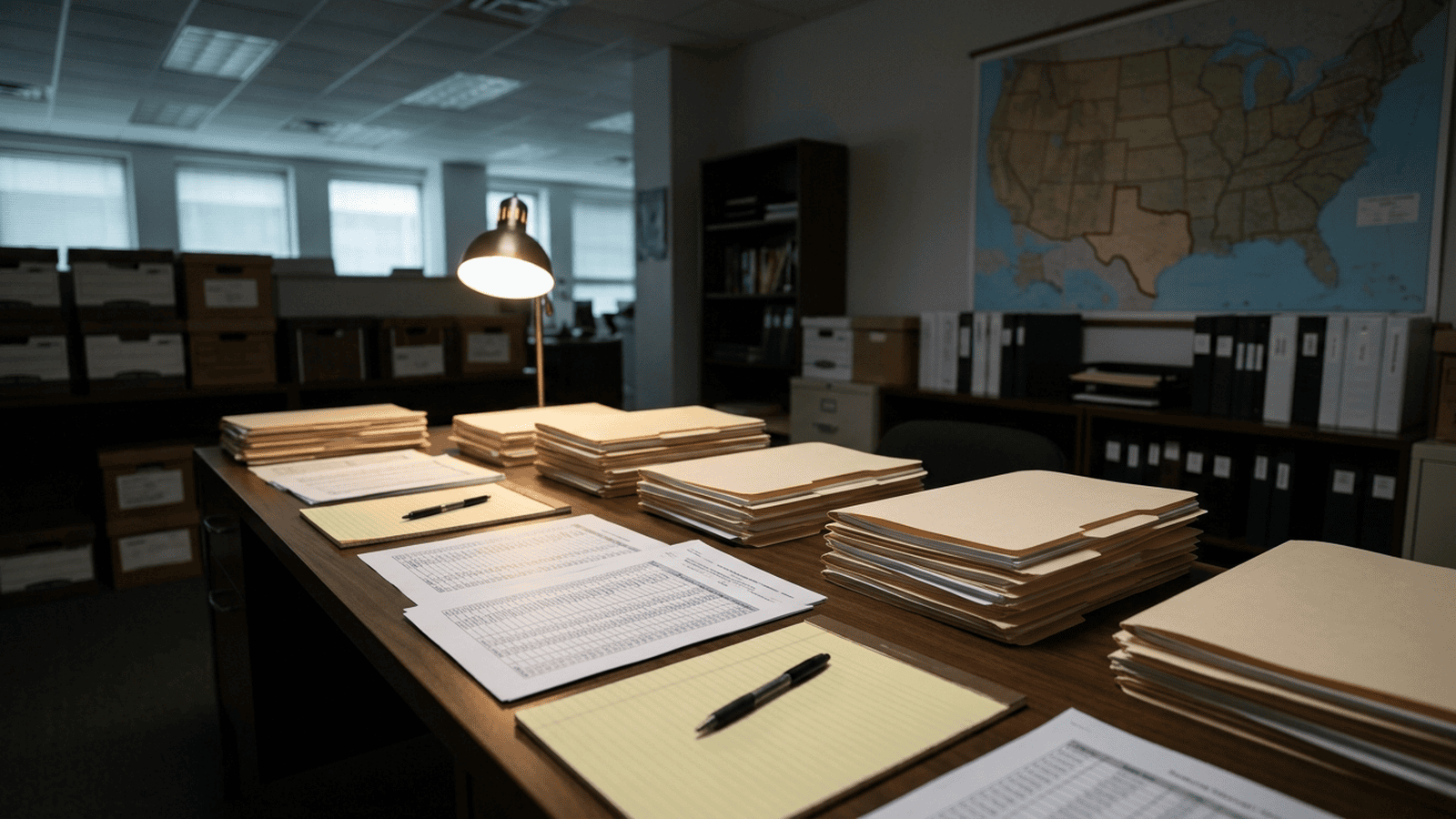 Public campaign finance folders sit on a desk beneath a wall map of Texas.