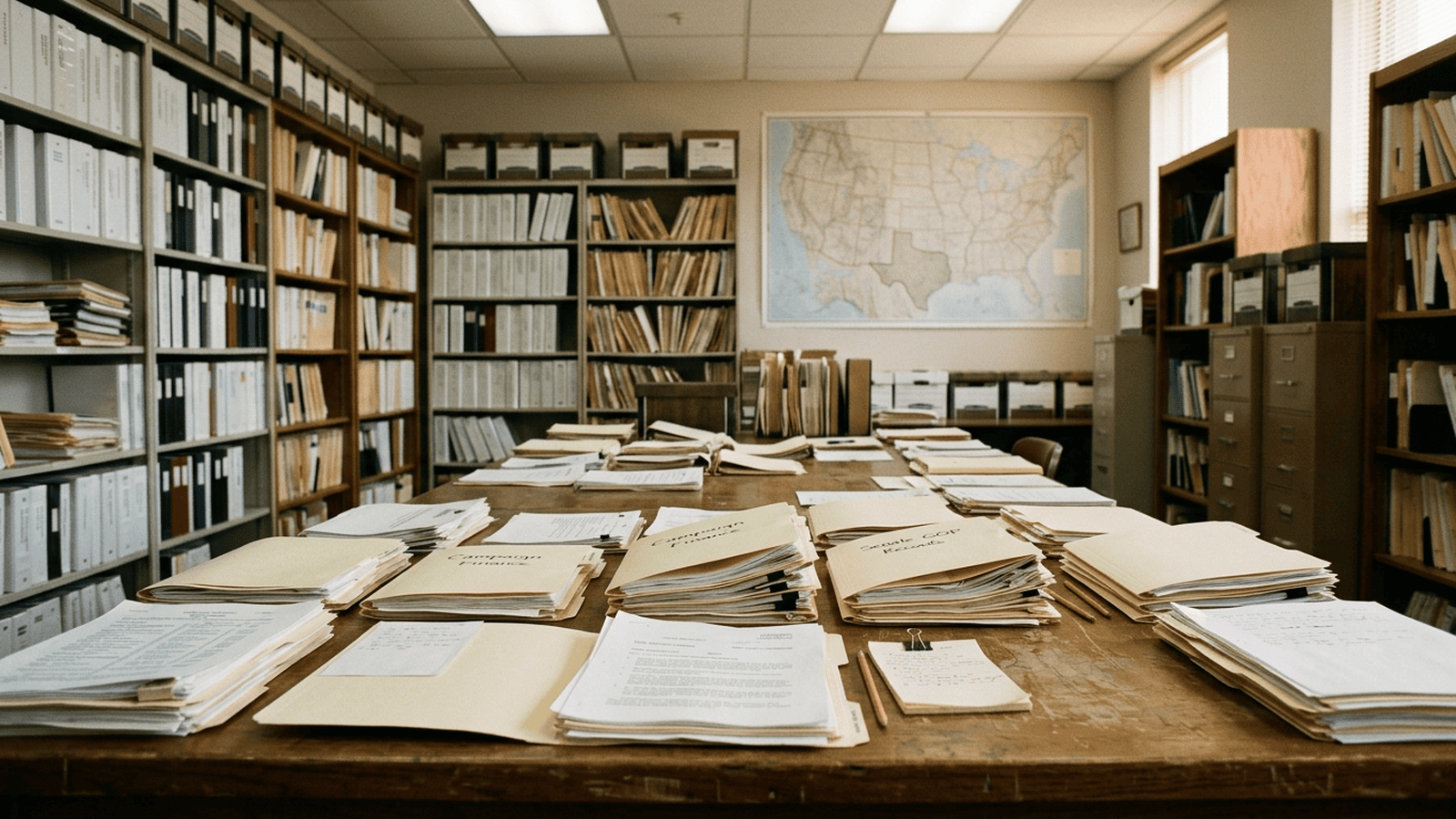 8a1cd859f4e5cbce9c803b0427a9b3b0812376485600727fcbf1a3b139281701 Election-finance folders and paperwork sit on a table beneath a map showing Texas.