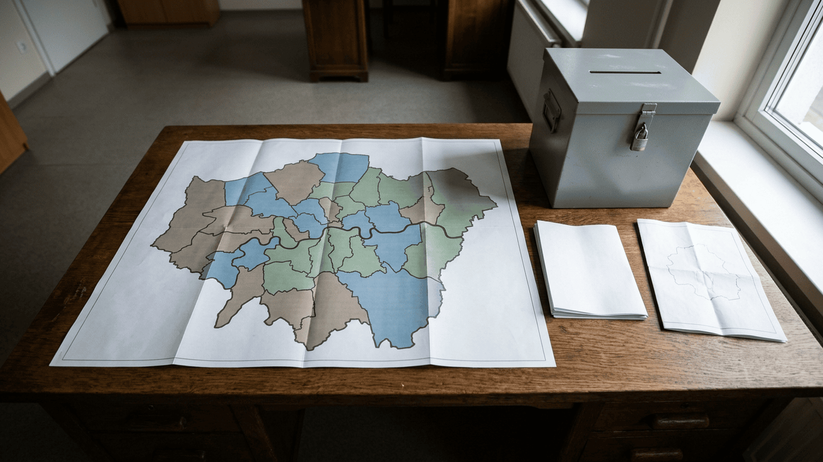 A congressional district map lies beside a plain ballot box on a desk.