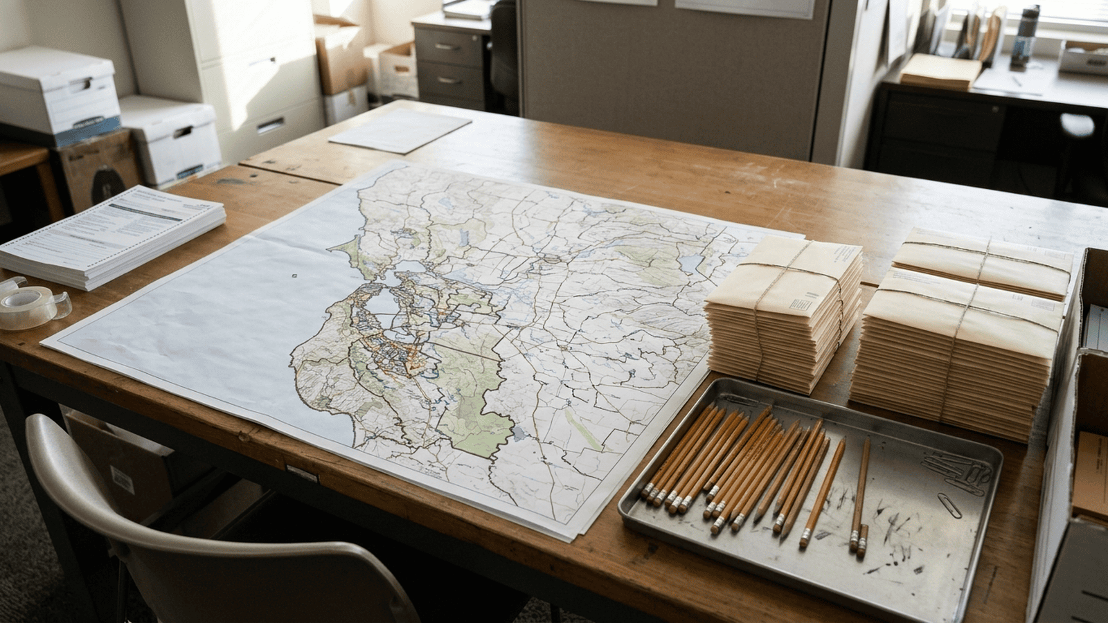 8ac982066a170efbeff630145934bd451ec41406260a1661b4a2c899d35a0179 A paper map with district boundaries lies on a table beside blank ballot envelopes and pencils.