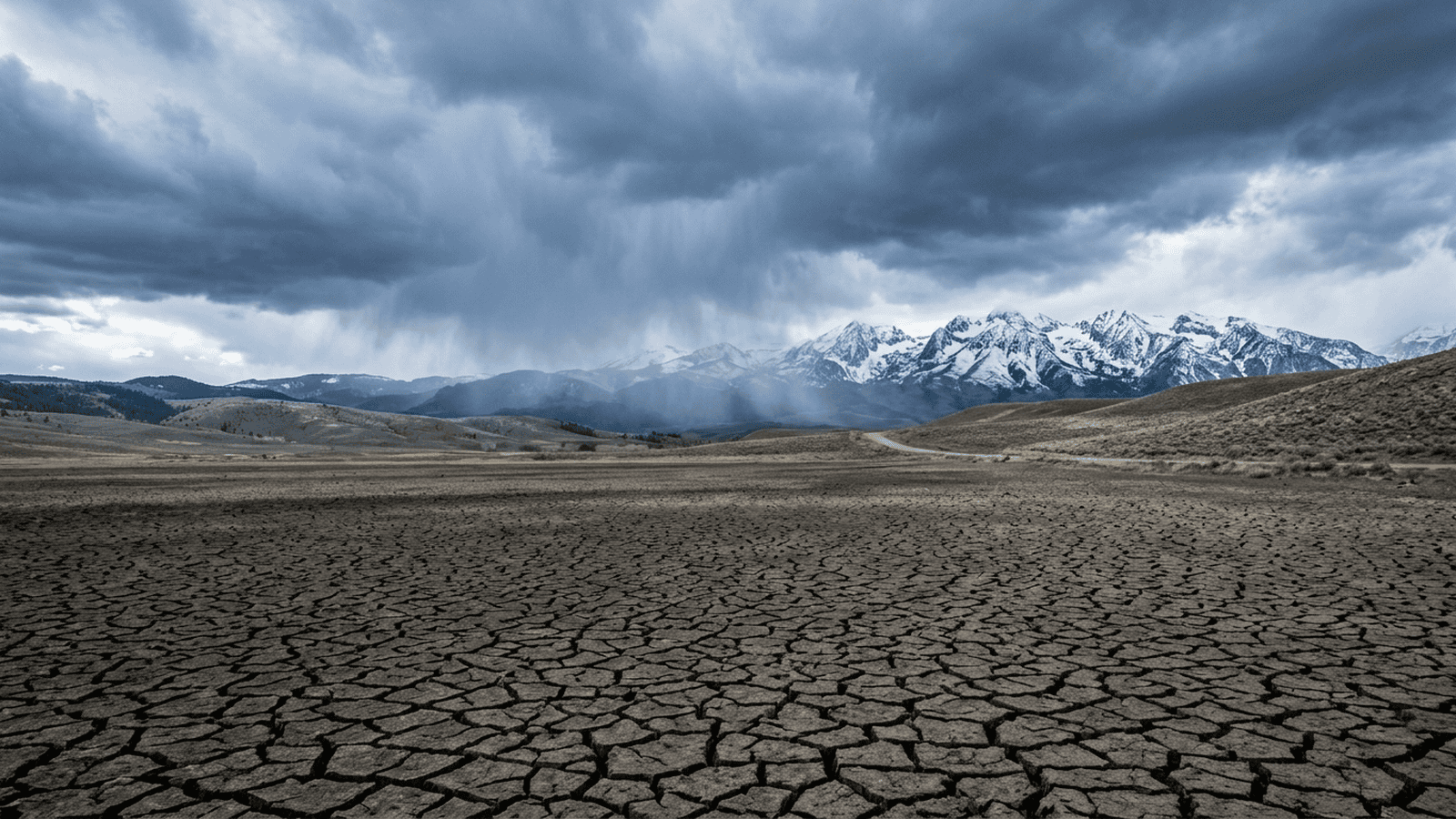 A dry field sits beneath winter storm clouds with snow visible on distant hills.