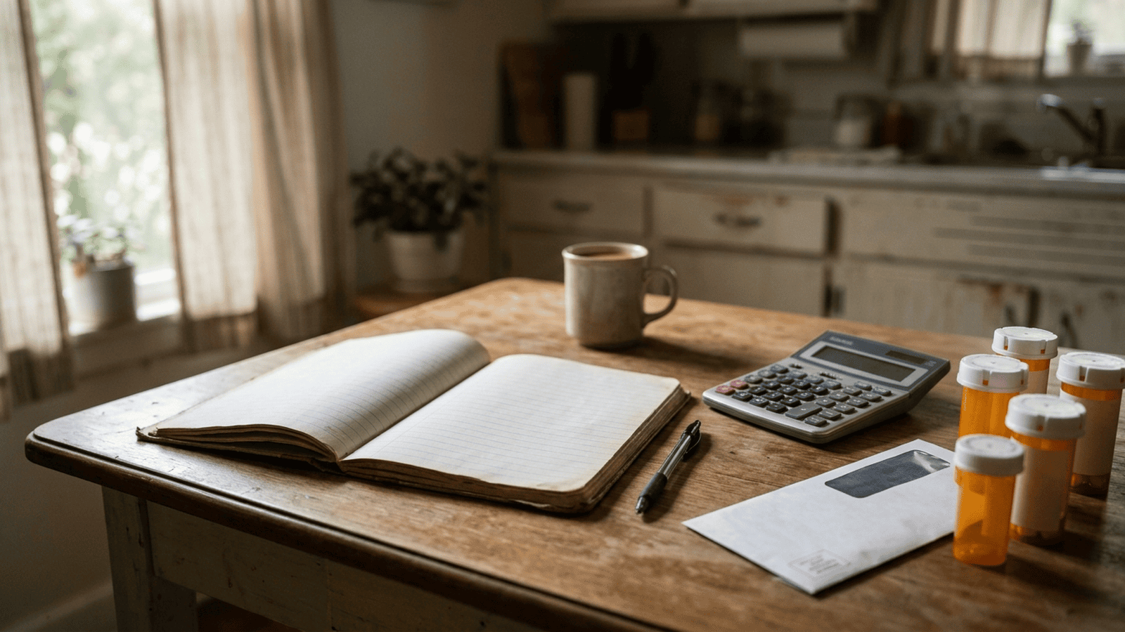 A calculator, blank budget notebook, and prescription bottles sit on a kitchen table.