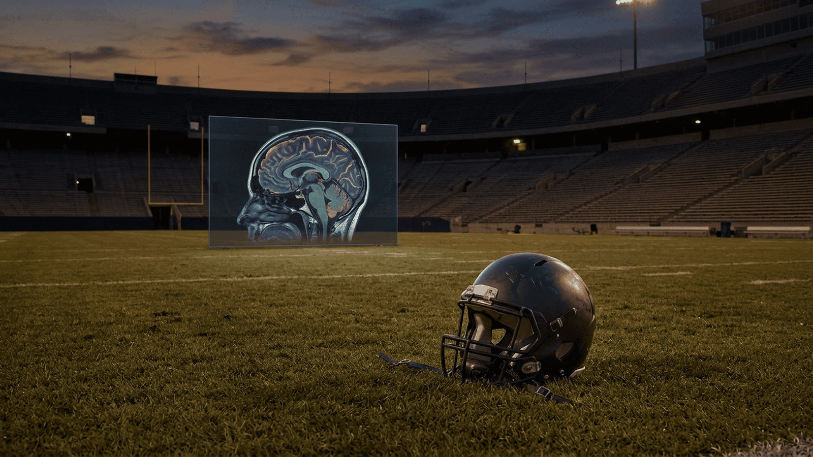 A football helmet sits beside a brain scan display in an empty stadium setting.