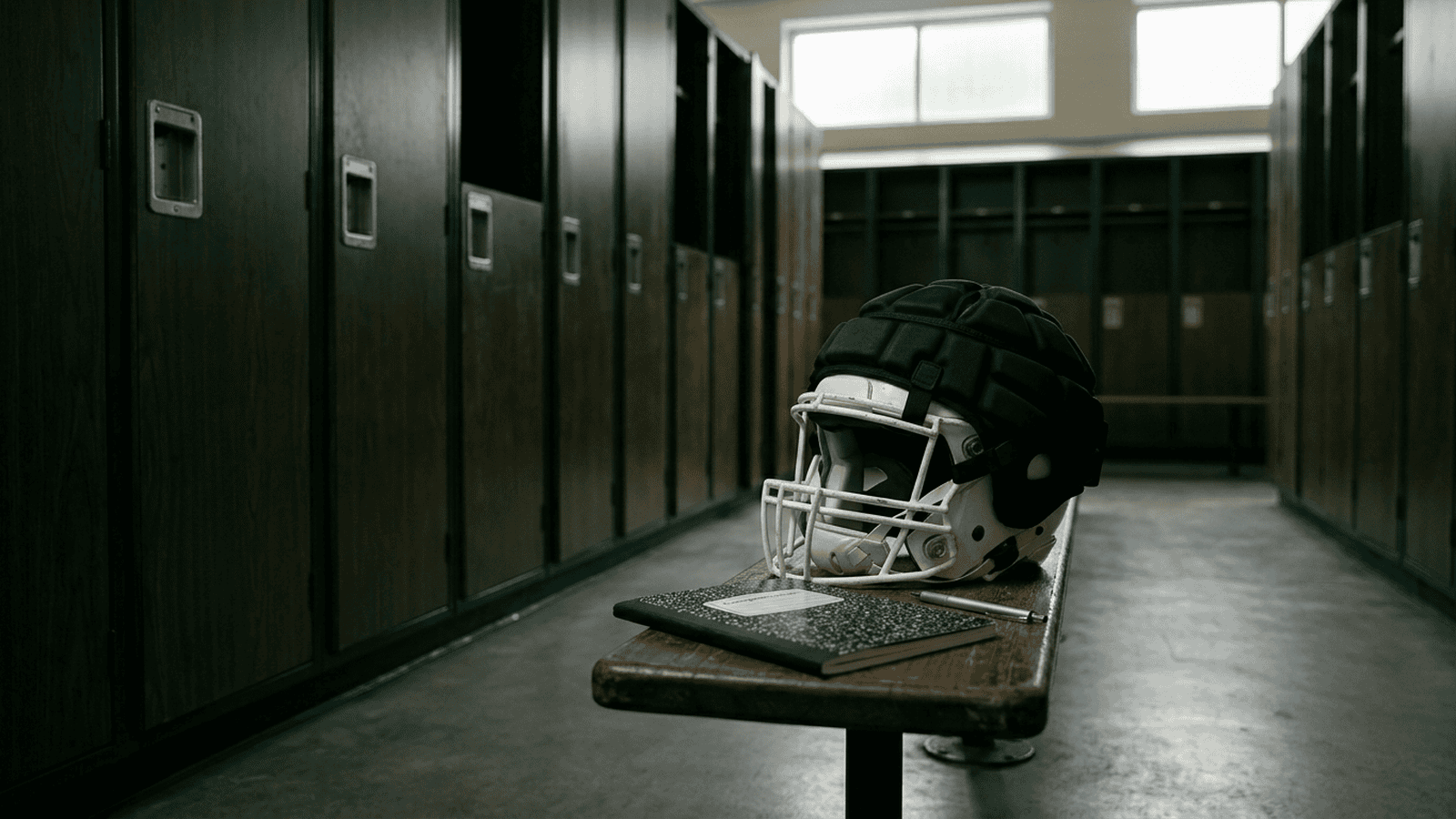 A padded football helmet rests on a locker-room bench beside a closed research notebook.