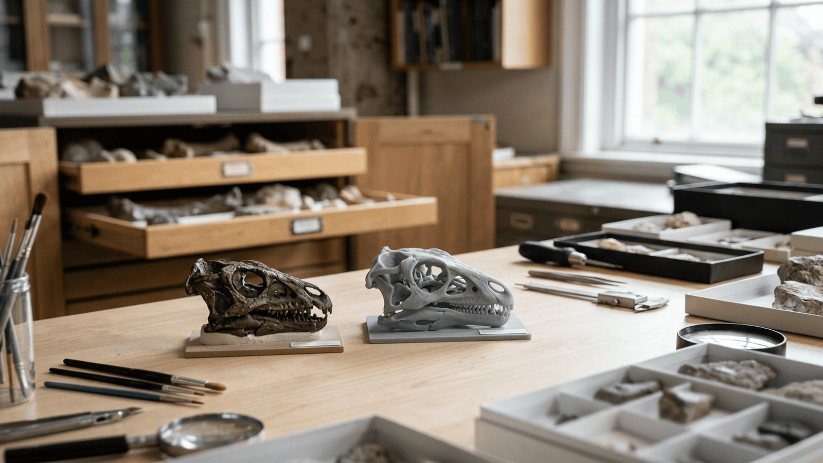 A fossil skull fragment and a three-dimensional skull model sit on a museum research table.