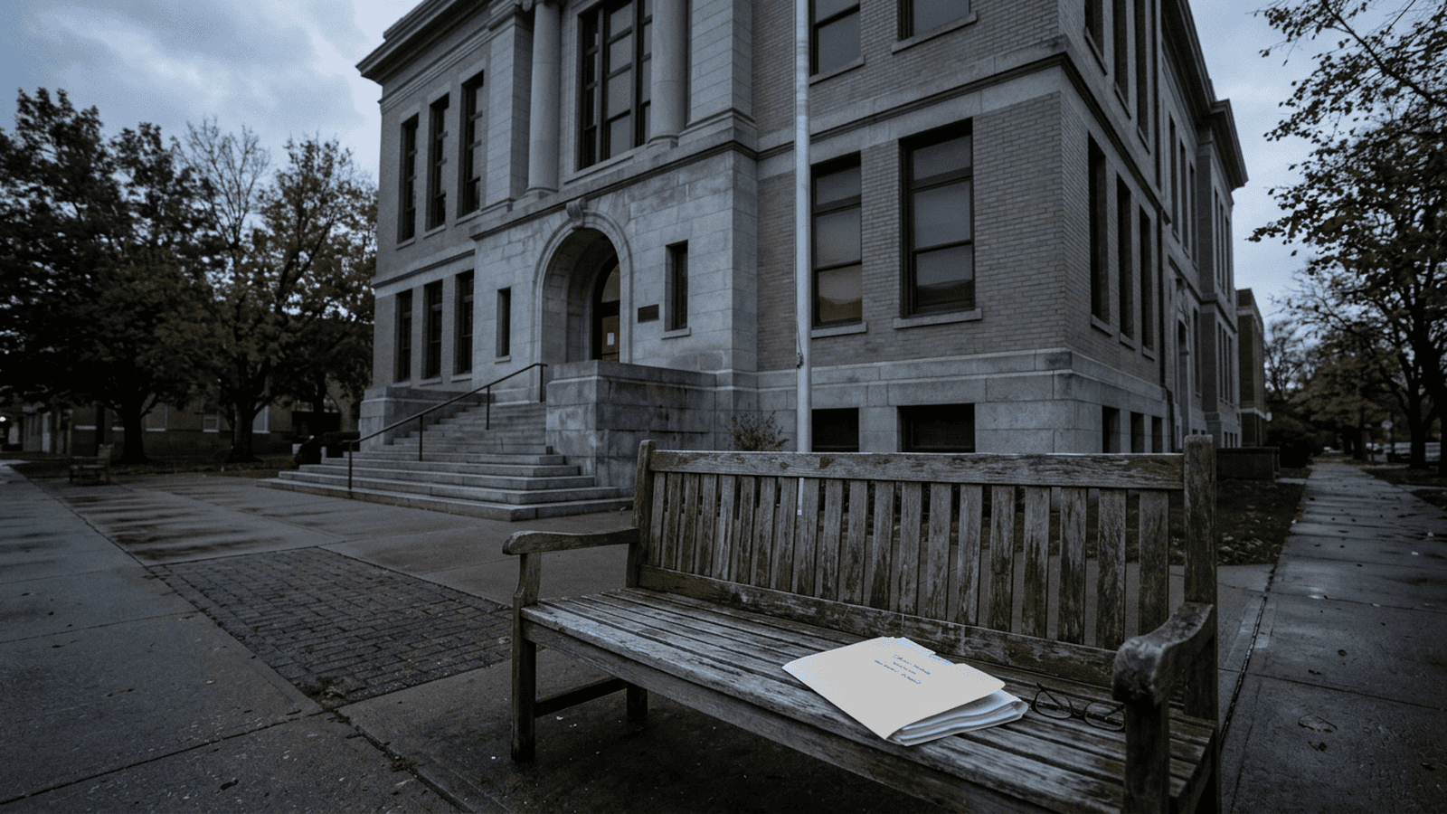 A courthouse exterior and a closed legal folder represent the report on pregnancy-related prosecutions.